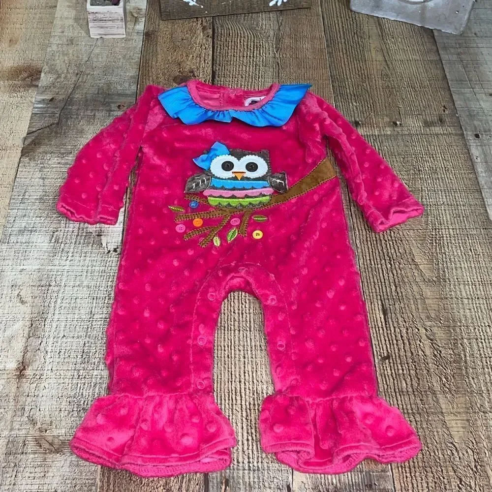 💜 Mud Pie Pink Minky Owl Romper Ruffled Hem and Neckline Size 0-6 M